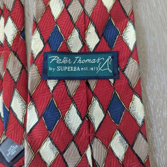 Peter Thomas by Superba Vintage Silk Tie Geometric Red Blue & Tan USA - Picture 5 of 5